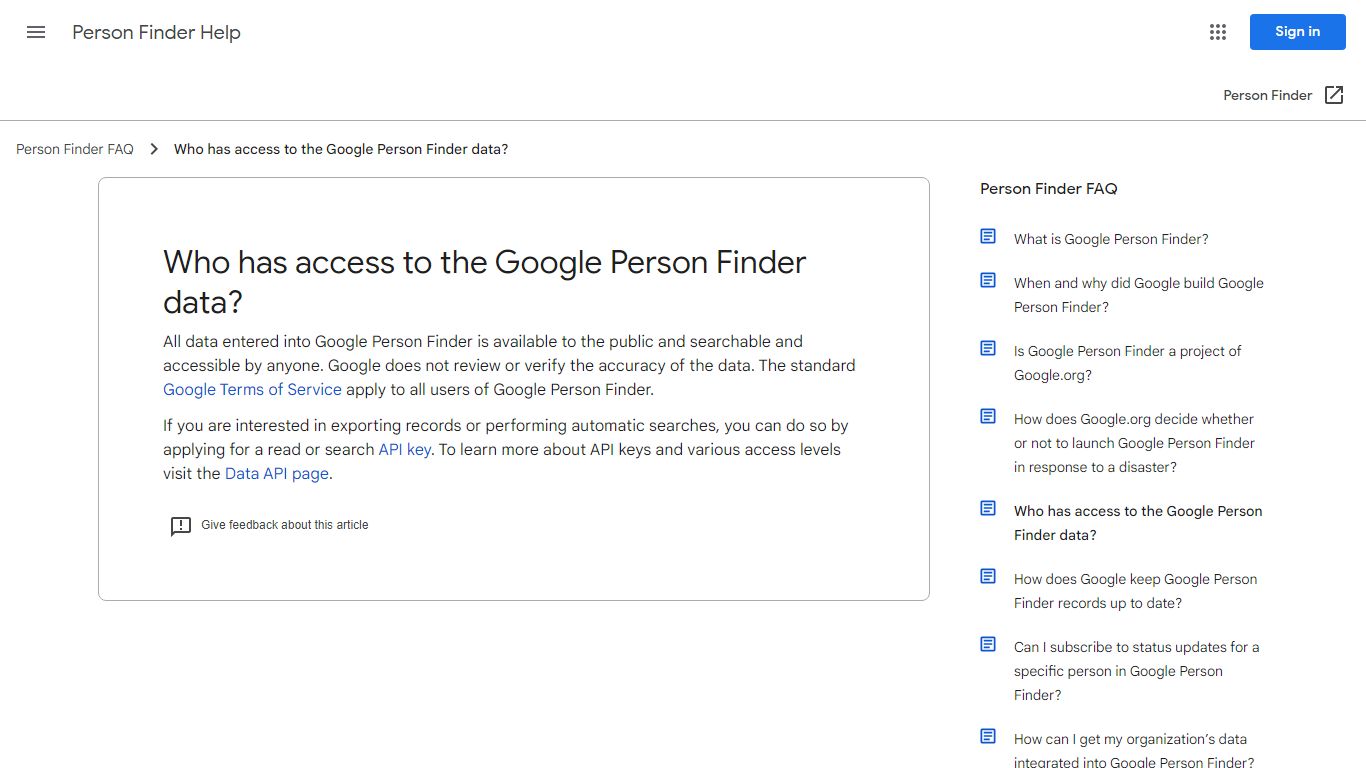 Who has access to the Google Person Finder data?